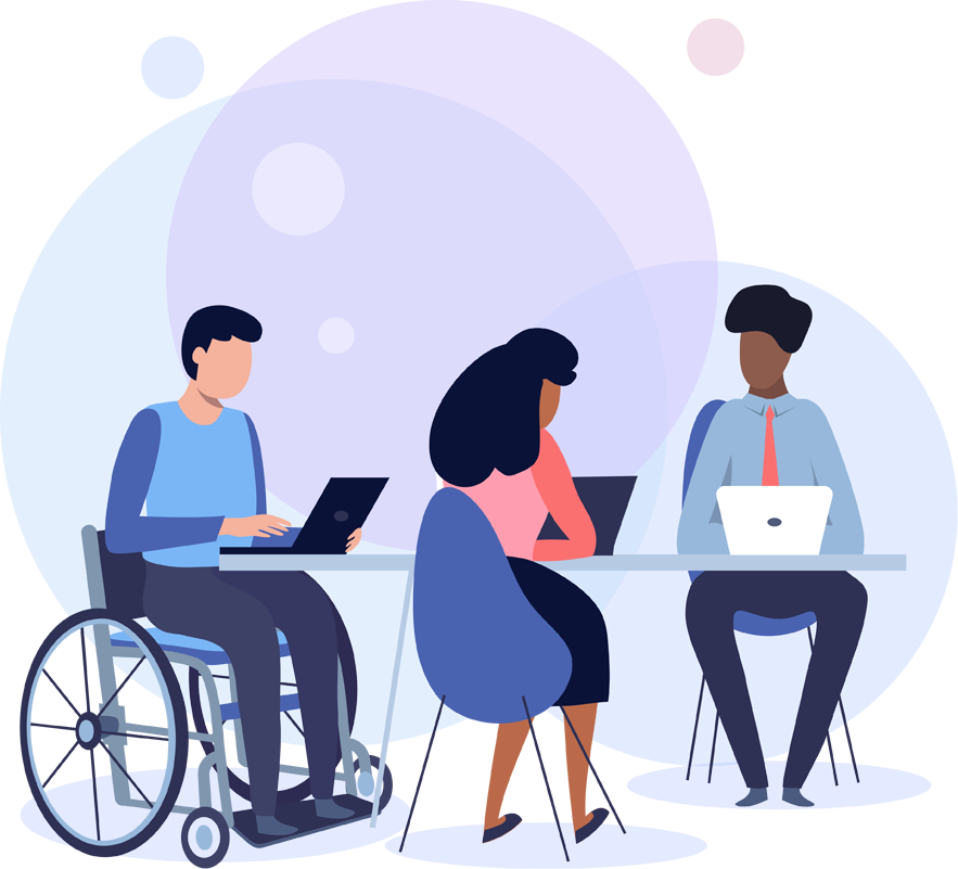Cartoon image of people working at a desk