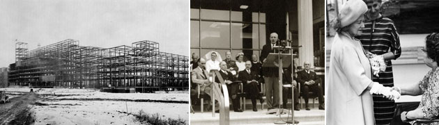 Collage of historical images from Sunnybrook, including its construction, the opening address by Prime Minister Mackenzie King, and the Queen Mum greeting a patient